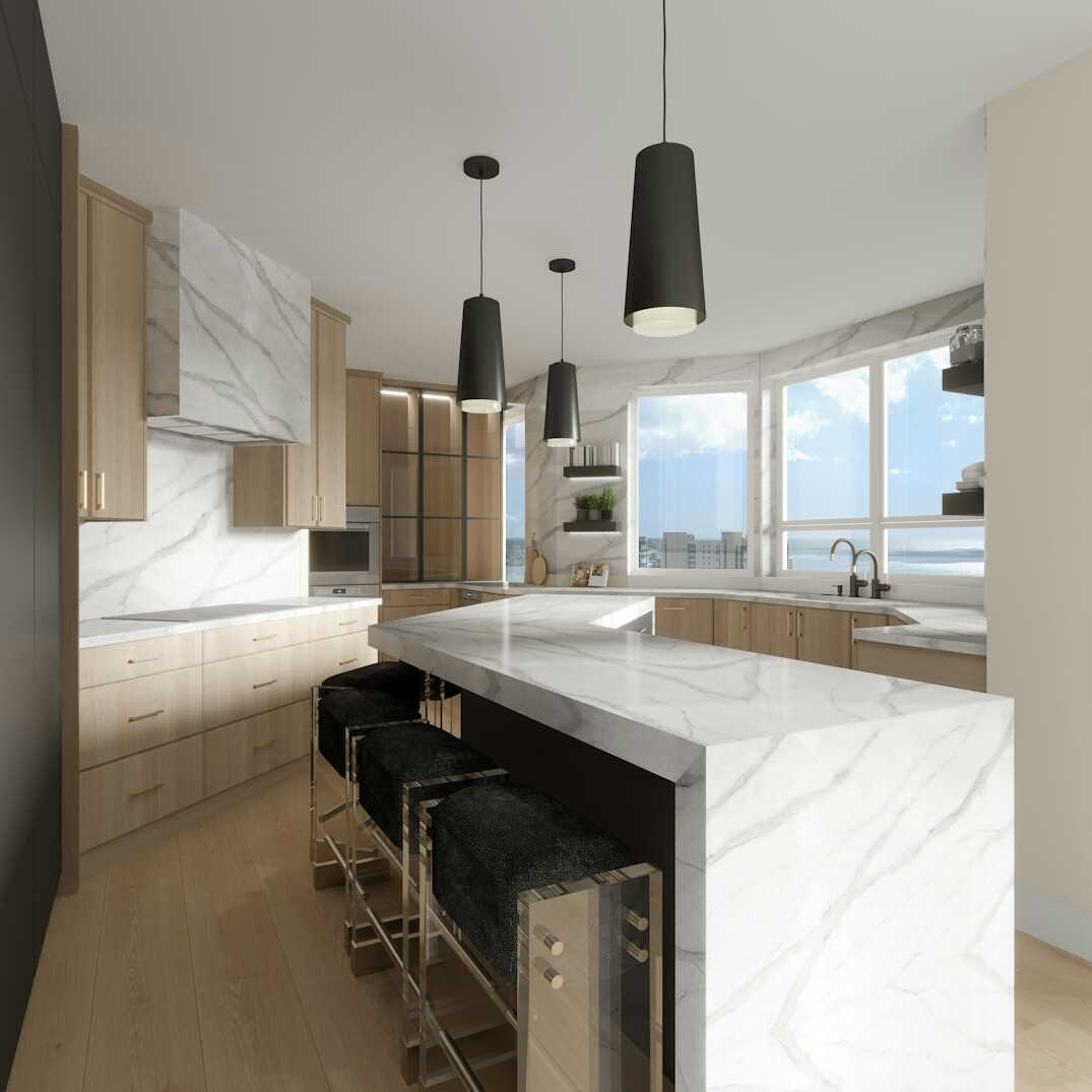 Modern kitchen interior with marble countertop